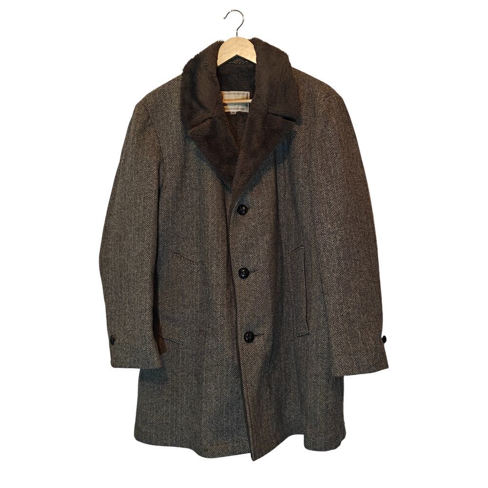 Vintage Anderson-Little Herringbone Wool Coat Faux Fur Lined Mens 42R